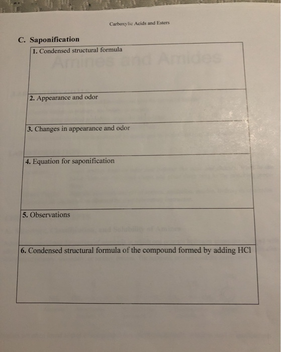 Carboxy lic Acids and Esters C. Saponification 1. Condensed structural formula es 2. Appearance and odor 3. Changes in appear
