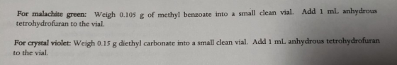 For malachite green: Weigh 0.105 g of methyl benzoate into a small clean vial. Add 1 mL anhydrous tetrohydrofuran to the vial