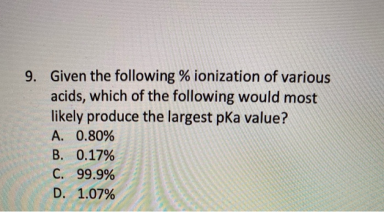 Given the following % ionization of various acids, which of the following would most likely produce the largest pKa value? 9.