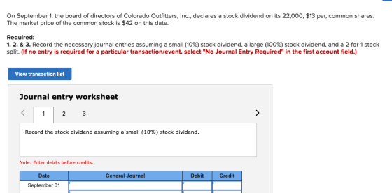 On September 1, the board of directors of Colorado Outfitters, Inc., declares a stock dividend on its 22,000, $13 par, common