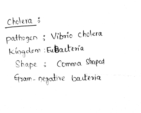 cholera & pathogen : Vibrio cholera kingdom : Eubacteria Shape : comma Shaped Gram-negative bacteria
