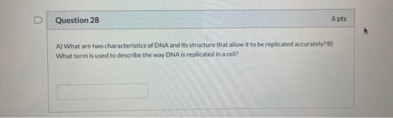 Question 28 6 pts A) What are two characteristics of DNA and its structure that allow it to be replicated accurately?B) What