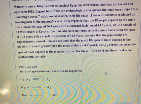 Mummys curse: King Tut was an ancient Egyptian ruler whose tomb was discovered and opened in 1923. Legend has it that the ar