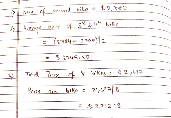 2,&&O 1Price of secend bite 2Averae price of 3d&4h bike 012 2784 27o 17 2745.SO Tota Price 21/69 Price 2169コ18 biKe Pes =2,1