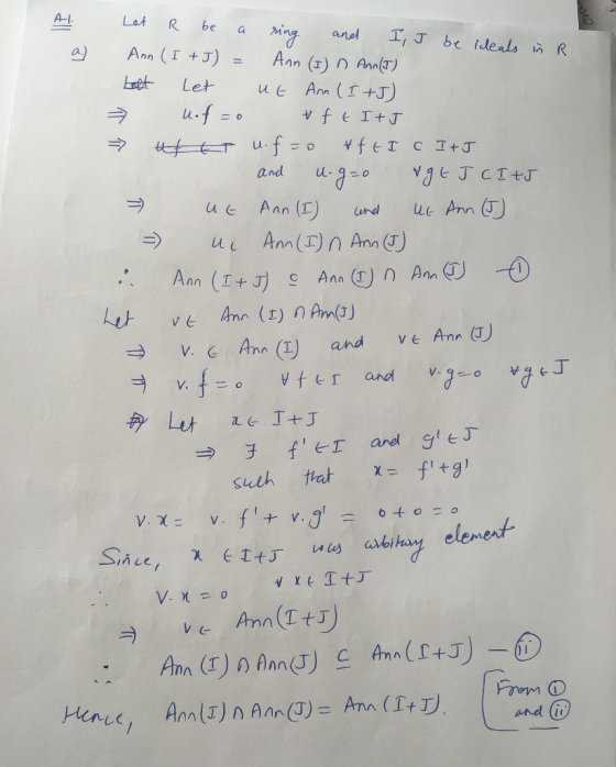 A-I Lat R be ai and I, J be ideals t R a) Ann(T +J)Ann ()D AnnT) lu → ul Ann (1) Ann (J) V. C Ann (1) and vt Ann (J element Ve Am(T+J) Prom ⓘ