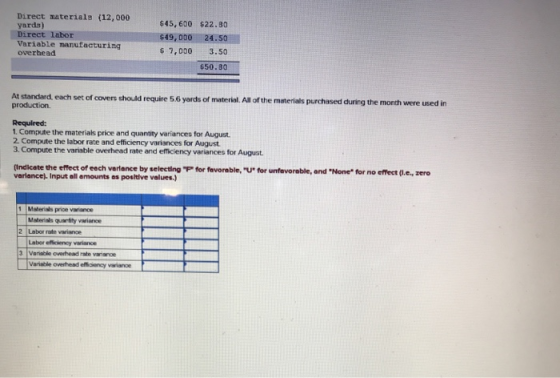 Direct materials (12,000 yarda) Direct labor Variable manufacturing overhead $45,600 $22.30 $49,000 24.50 $ 7,000 3.50 650.80
