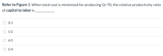 Refer to Figure 1. When total cost is minimized for producing Q=70, the relative productivity ratio of capital to laboris O 2