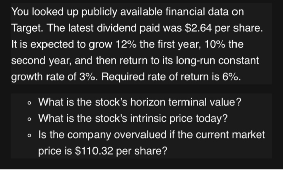 You looked up publicly available financial data on Target. The latest dividend paid was $2.64 per share. It is expected to gr