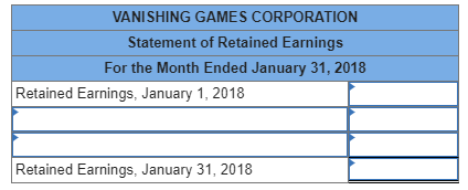 VANISHING GAMES CORPORATION Statement of Retained Earnings For the Month Ended January 31, 2018 Retained Earnings, January 1,