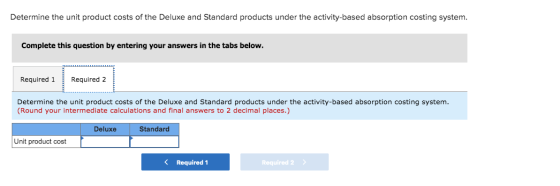 Determine the unit product costs of the Deluxe and Standard products under the activity-based absorption costing system. Comp