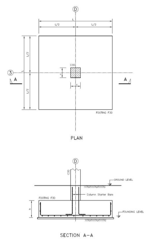 1/2 V2 1/2 C30 3 LA L/2 FOOTING F30 PLAN CSD -GROUND LEVEL Column Starter Bars FOOTING F30 -FOUNDING LEVEL SECTION A-A