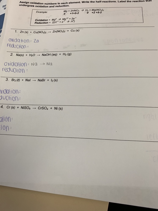 the reaction tha undoxidation numbers to each element. Write the half-reactions. Label undergoes oxidation and reduction. Exa