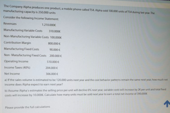 The Company Alpha produces one product, a mobile phone called T54. Alpha sold 100.000 units of T54 during last year. The manu