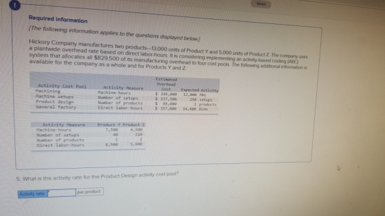 Savod Required information [The following information applies to the questions displayed below Hickory Company manufactures two products--13,000 units of Product Y and 5.000 units of Product Z. The company uses a plantwide overhead rate based on direct labor-hours. It is considering implementing an activity-based costing (ABOC) system that allocates all $829,500 of its manufacturing overhead to four cost pools. The following additional information is available for the company as a whole and for Products Y and Z Estimated Overhead Activity MeasureCostl Expected Activi Activity Cost Poo Machining Machine setups Product design General factory Machine-hours Number of setups Number of products Direct labor-hours S 246,000 12,0ee MHs s 137,5e0250 setups $ 89,000 S 357,000 14,480 DLHS 2 products Activity Measure Product Y Product Machine-hours Number of setups Number of products Direct labor-hours 7,588 40 4, 580 218 8,500 5,980 5. What is the activity rate for the Product Design activity cost pool? per product rate