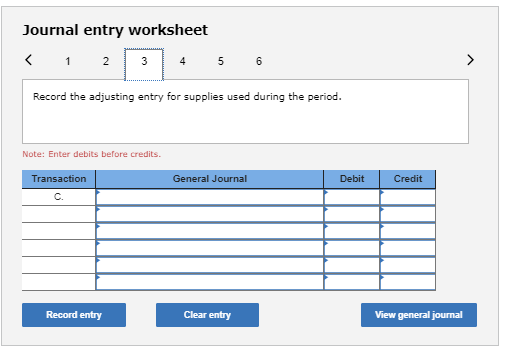 Journal entry worksheet < 1 2 3 4 5 6 Record the adjusting entry for supplies used during the period. Note: Enter debits befo