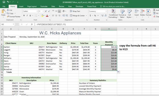 Sė 20190930002154han_exp19_excel_ch02_cap_appliances - Excel (Product Activation Failed) File Home Insert Page Layout Formula