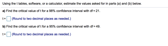 Using the t tables, software, or a calculator, estimate the values asked for in parts (a) and (b) below. a) Find the critical