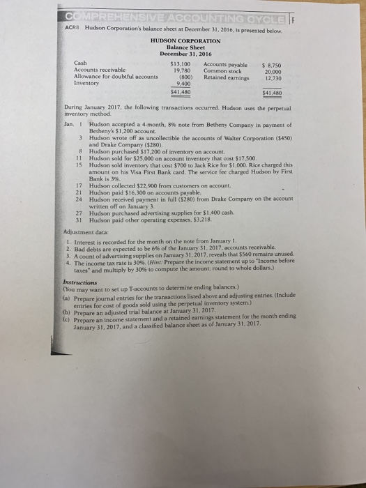 REHENSIVE ACCOUNTING CYOLE ACR8 Hudson Corporations balance sheet at December 31, 2016, is presented below HUDSON CORPORATIO