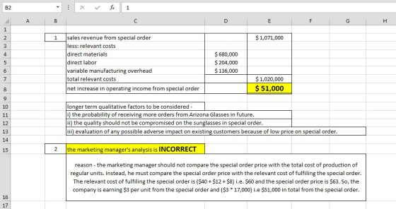 F G H $ 1,071,000 sales revenue from special order less: relevant costs direct materials direct labor variable manufacturing