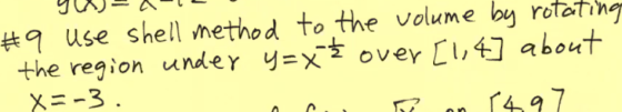 #9 use shell method to the volume by rotating the region under y=x² over [1,4] about X=-3. on 1497 c