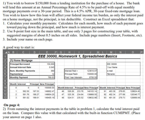 1) You wish to borrow $150,000 from a lending institution for the purchase of a house. The bank will lend this amount at an Annual Percentage Rate of 4.5% to be paid-off with equal monthly mortgage payments over a 30-year period. This is a 4.5% APR, 30-year fixed-rate mortgage loan. You wish to know how this loan will affect your federal income tax burden, as only the interest paid on a home mortgage, not the principal, is tax deductible. Construct an Excel spreadsheet that: 1. Calculates your monthly payments: Calculates for each month, how much of each payment goes toward paying down the principal, and how much is interest payment. 2. Use 8-point font size in the main table, and use only 3 pages for constructing your table, with suggested margins of about 0.5 inches on all sides. Include page numbers (Insert, Footnote, etc) 3. Include your name on each page. A good way to start is: FI G J K L EEE 30000, Homework 1, Spreadsheet Basics 1) Home Mortgage Principal Borrowed Annual Interest Rate 150,000 0.045 360 EEE 30000 Your Name Num. Monthly Payments Interest Paid Principal Paid Frst Year Interest 123610.0 150000.00 Monthly Payment 760.03 Month Interest Principal New Principal 10 150000.00 Month Interest Principal New Principal Month Interest Principal New Principal 48338 276 65128624 45 2 482.34 27789 128346 77 13T3 56102 1990114940552451 23552 139632.93 481.30 278.73 128068 04 53 14980247 1.7 19827 149604.20 1562 50 197 46 52626 233.76 140103.14 47 52539 234 64 139868.50 On page 4: 2) From summing the interest payments in the table in problem 1, calculate the total interest paid on the loan. Compare this value with that calculated with the built-in function CUMIPMT. (Place your answer on page 1 also.