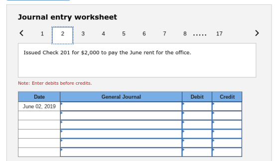 Journal entry worksheet K12 3 4 5 678 17 Issued Check 201 for $2,000 to pay the June rent for the office. Note: Enter debits before credits. Date General Journal Debit Credit June 02, 2019