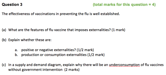Question 3 (total marks for this question = 4) The effectiveness of vaccinations in preventing the flu is well established. (