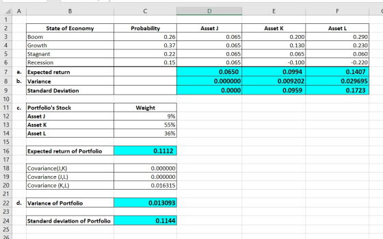 A B с D E F Probability Asset J Asset L 0.065 1 2 3 4 5 6 0.26 0.37 0.22 State of Economy Boom Growth Stagnant Recession a. E