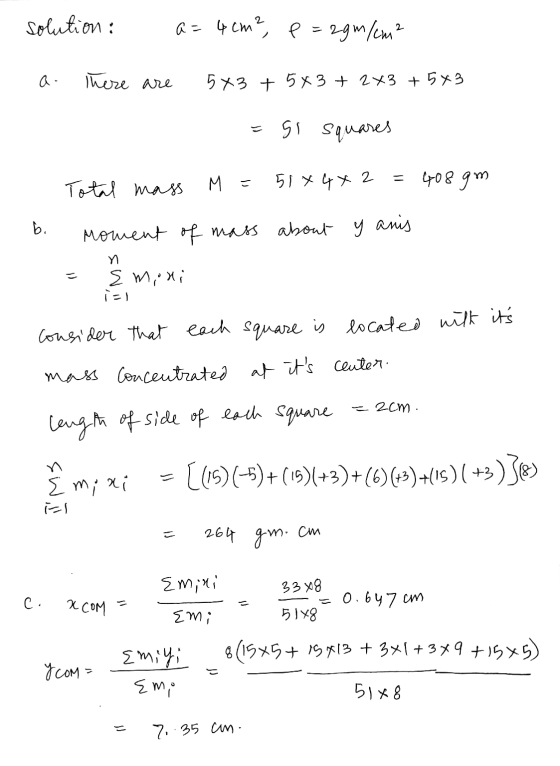 solution : a = 4cm², e = 29m/cm² a. There are 5x3 + 5x3+ 2x3 + 5*3 91 squares M = 5184x2 = Total mass 408 am Moment of mass a