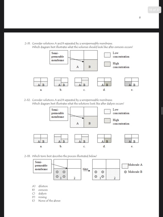 18 of 3 8 2-31. Consider solutions A and B separated by a semipermeable membrane Which diagram best illustrates what the volu