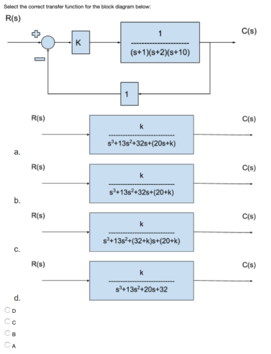 Select the correct transfer function for the block diagram below: R(s) C(s) C(s) R(s) s3+13s2+32s+(20s+k) C(s) R(s) s3+13s2+3