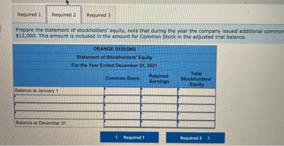 Required 1 Required 2 Required 3 Prepare the statement of stockholders equity, note that during the year the company issued