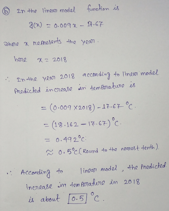 6 In the linear model function is 8(x) = 0.009x - 17.67 where a represents the year. here x=2018 : In the year 2018 according