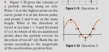 5 Figure 2-20 gives the velocity of a particle moving along an axis Point 1 is at the highest point on the Figure2-19 Question 4 curve; point 4 is at the lowest point; and points 2 and 6 are at the same height. What is the direction of travel at (a) time-0 and (b) point 4? (c) At which of the six numbered points does the particle reverse its direction of travel? (d) Rank the six points according to the magnitude Roure 2-20 of the acceleration, greatest first. Question 5.