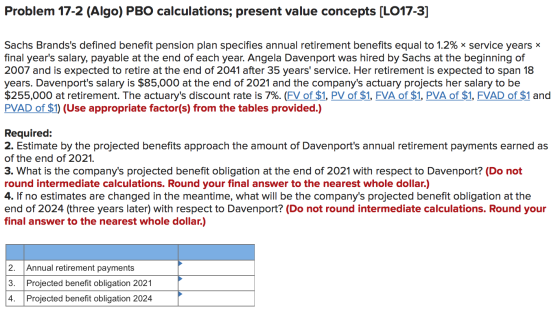 Problem 17-2 (Algo) PBO calculations; present value concepts [LO17-3] Sachs Brandss defined benefit pension plan specifies a