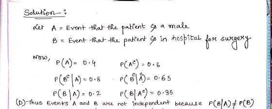 Solution : det A = Event that the patient is a male . B = Event that the patient is in hospital fore surgery W, P(A)=0.4 P(AC