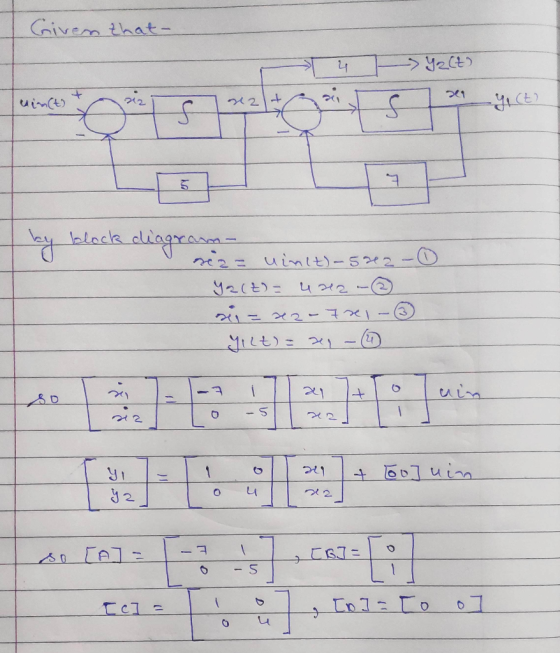 Given that 14 Yz(t) by block diagram- rea= uinct)-522-0 Y2(t)= urea-② si = *2- 7s1 - © YiLt) = 2 - 4 ] + bojuin [c] = 1 o7 o