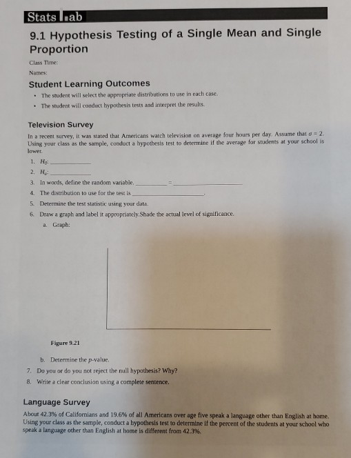 Stats leab 9.1 Hypothesis Testing of a Single Mean and Single Proportion Class Time: Names: Student Learning Outcomes • The s