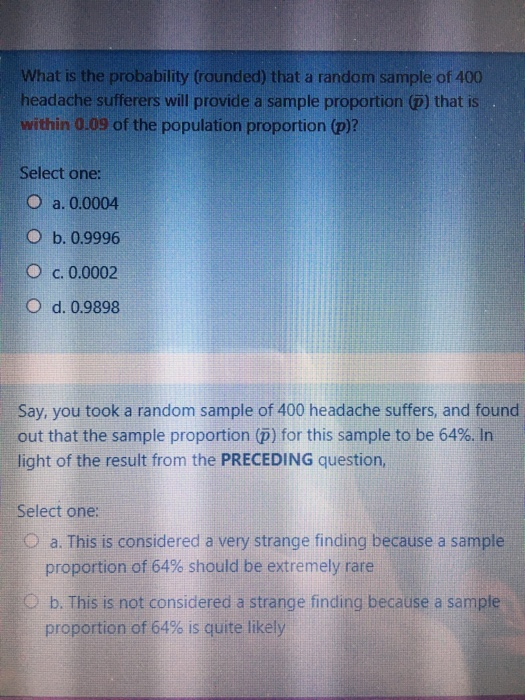 What is the probability (rounded) that a random sample of 400 headache sufferers will provide a sample proportion (p) that is