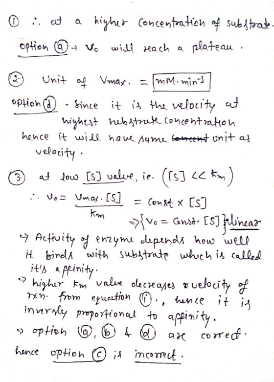 0 ii cu higher concentration of substrate- option @ + vo will reach a plateau. 3. (2 Unit of Vmax. = 1mm-mint option (a since