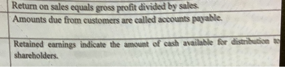 Return on sales equals gross profit divided by sales Amounts due from customers are called accounts payable Retained earnings