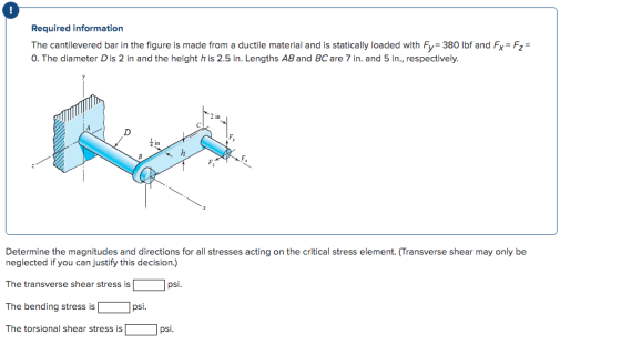 Required information The cantilevered bar in the figure is made from a ductile material and is statically loaded with Fy=380