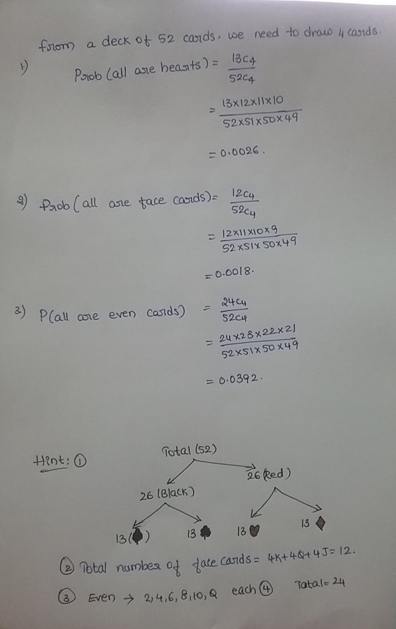 from a deck of 52 cards, we need to draw 4 cards. Prob (all are hearts ) = 13c4 5204 13x12x11x10 52xSixS0x49 = 0.0026 2) Prob