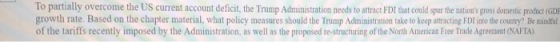To partially overcome the US current account deficit, the Trump Administration neds to attract FDI that could spur the nation