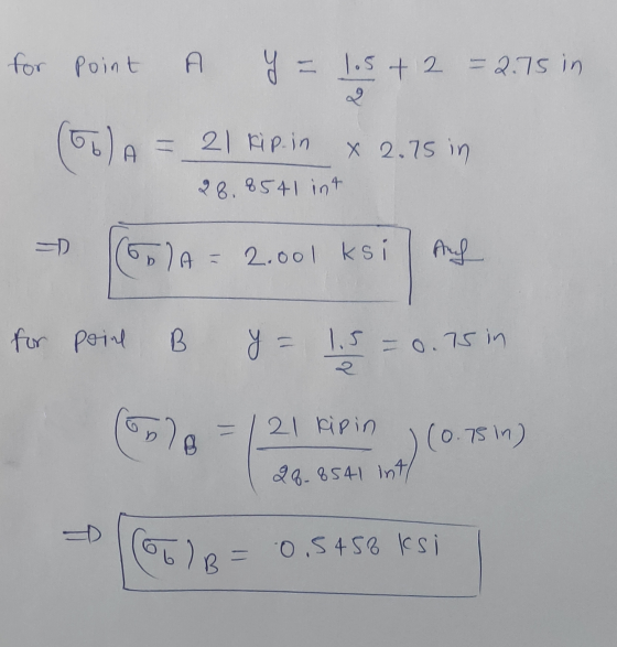 for point - 1.5+ 2 = 2.75 in I = 21 kip.in x 2.75 in 28. 8541 int = A = 2.001 ksi me for point B y = 1,5 = 0.75 in 1 21 kipin