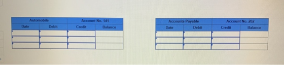 Automobile Date Debit Account No. 141 Credit Balance Accounts Payable Debit Account No. 202 Credit Balance Date