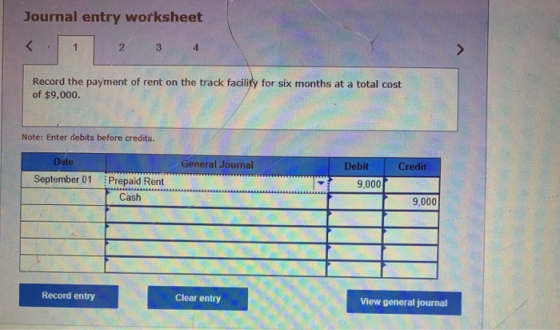 Journal entry worksheet 1 2. 3 4 Record the payment of rent on the track facility for six months at a total cost of $9,000. N