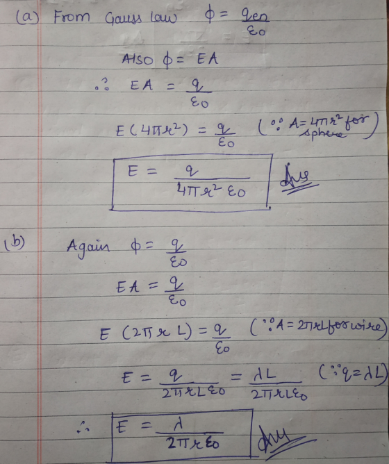 (a) From Gauss Law o= qen Eo Also 0= EA EA = q .: EO E (4 062) oo A=4T1r² for Aphere E= q 4T e 2. Eo Again p= 2 EA = 9 E (217