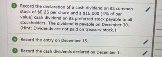 Record the declaration of a cash dividend on its common stock of $0.25 per share and a $16,000 (4% of par value) cash dividen