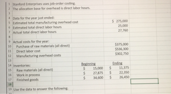 1 Stanford Enterprises uses job-order costing. 2 The allocation base for overhead is direct labor hours. 3 4 Data for the yea